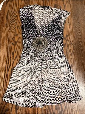 Sky Black & White Patterned Mini Dress with Decorative Medallion silk small